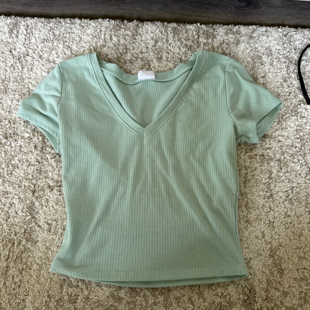 Green Fitted Ribbed Short Sleeve T-Shirt